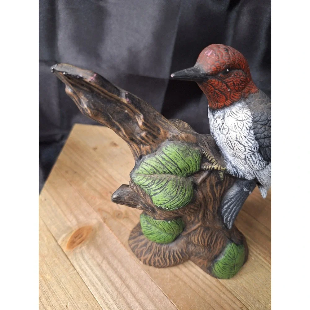 Vintage Red Headed Woodpecker Ceramic Figurine Bird on Tree Stump Statue 8.5